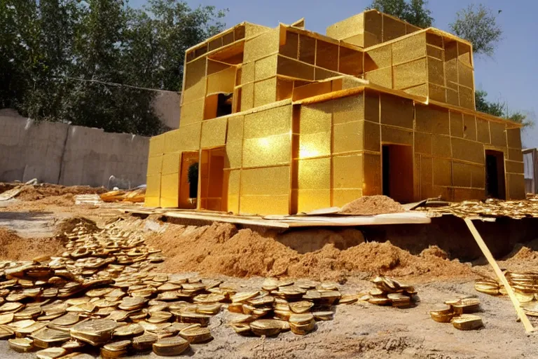 Prompt: a house, under construction, made of gold, with piles of money around it