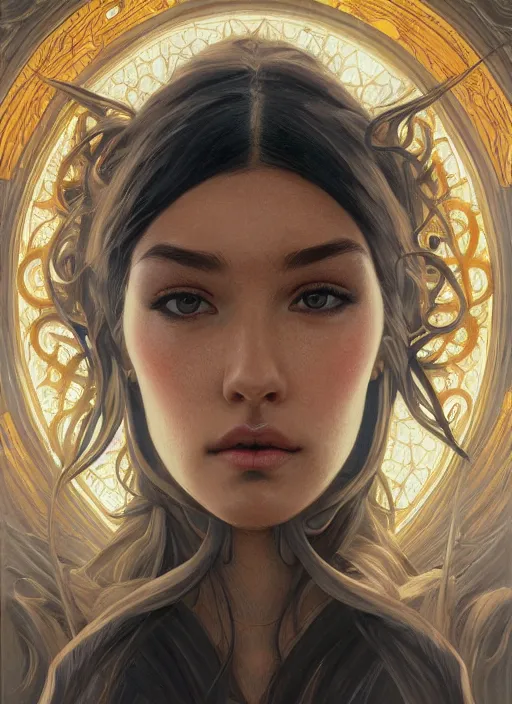 Image similar to symmetry!! madison beer, machine parts embedded into face, intricate, elegant, highly detailed, digital painting, artstation, concept art, smooth, sharp focus, illustration, art by artgerm and greg rutkowski and alphonse mucha, 8 k