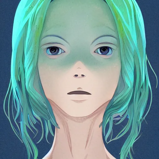Prompt: blue skin ; 2 5 year old woman ; gills ; fish woman ; algae green hair ; cinematic ; drawn by studio ghibli ; trending on artstation ; high detail ; digital art