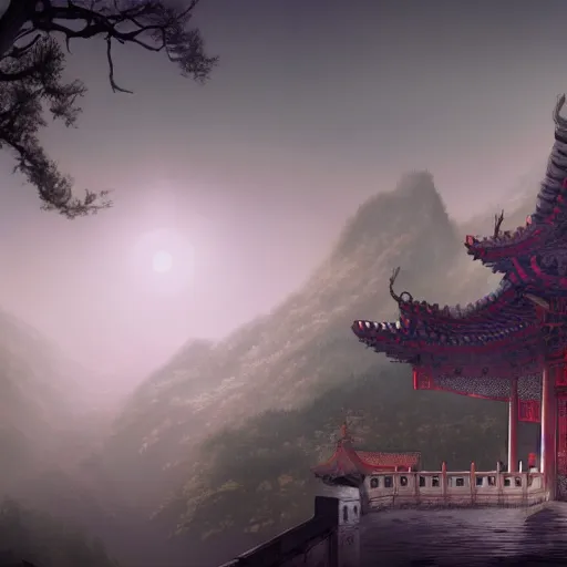 Prompt: chinese palace in the clouds in the moonlight, overlook, fairy tale, light effect, dream, greg rutkowski, unreal engine, james gurney, artstation