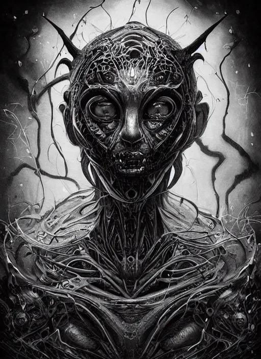 Image similar to a dream portrait of a anthropomorphic beast with three eyes, black & white, melting, webbing, 8 k, by tristan eaton, stanley artgerm, tom bagshaw, greg rutkowski, carne griffiths, ayami kojima, beksinski, giger, trending on deviantart, face enhance, hyper detailed, minimalist, horror, alien