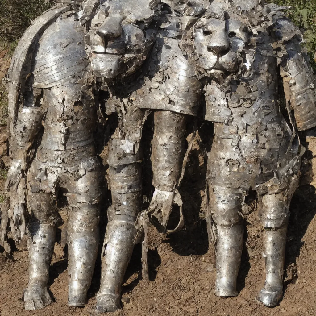 Prompt: archeological discovery of a suit of armor shaped like a lion