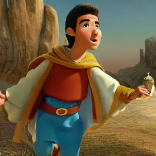 Image similar to 17 year old middle eastern skinned boy with reddish complexion in Biblical clothing as seen in Disney Pixar's Up (2009)