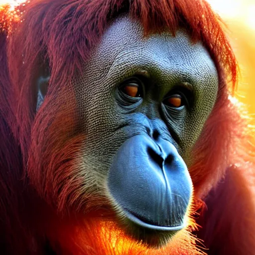 Prompt: close up of an orangutan eating a bagel watching the sun rise, the sun's reflection is visible in the orangutan's eyes, hyperdetailed