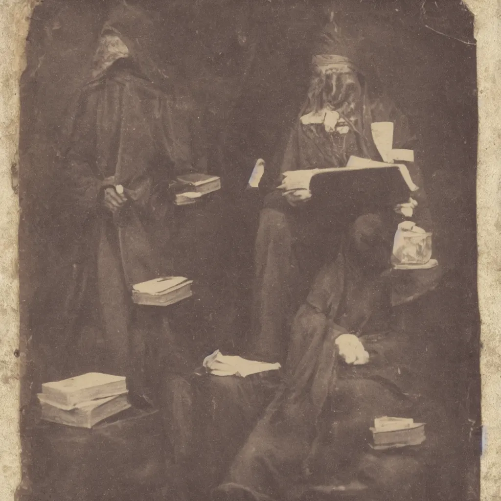 Image similar to tintype of a pagan cultist with occult books