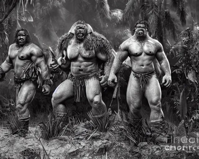 Image similar to hyper realistic group vintage photograph of a live action warcraft orc warrior tribe in the jungle, tall, hulk like physique, detailed faces, tribal paint, tribal armor, grain, old, monochrome, sepia toned, realistic lighting, wide angle