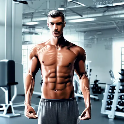 Image similar to a realistic detailed photo of a guy who is an attractive humanoid who is half robot and half humanoid, who is a male android, attractive and handsome jogger, shiny skin, posing like a statue, blank stare, in a factory, on display, showing off his muscles, wearing gym shorts, side view, looking at each other mindlessly