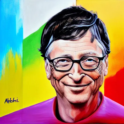 Image similar to portrait of bill gates facial details in the style of Hashim Akib textured acrylic on canvas colourful strokes