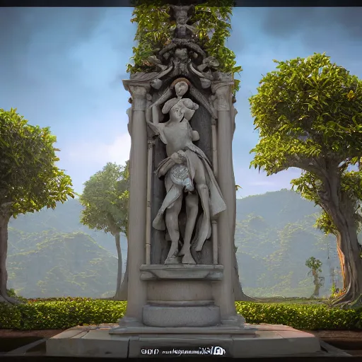 Prompt: baroque vaporwave statue, high detail, rendered in unreal engine, 3d render, god rays, volumetric lighting, award winning, vegetation, mark Ryden, oasis