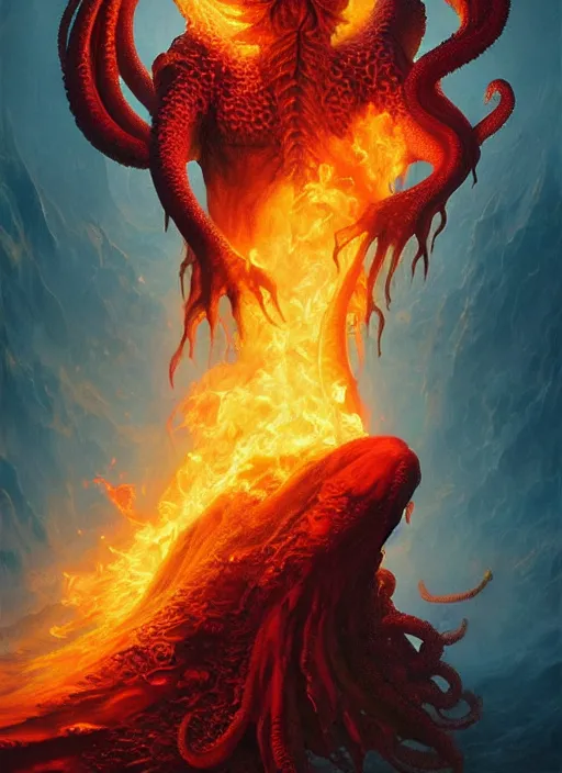 Prompt: cthulhu comprised entirely of flames, digital art by eugene de blaas and ross tran, vibrant color scheme, highly detailed, in the style of romanticism, cinematic, artstation, greg rutkowski