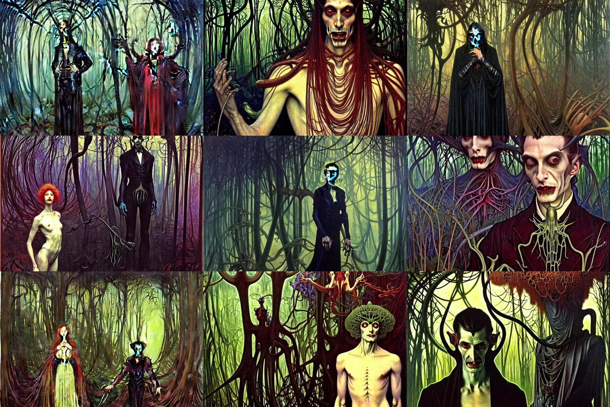 Prompt: realistic extremely detailed portrait painting of an elegantly creepy vampire man dressed as dracula, futuristic sci-fi forest on background by Jean Delville, Amano, Caravaggio, Yves Tanguy, Alphonse Mucha, Ernst Haeckel, Edward Robert Hughes, Roger Dean, rich moody colours