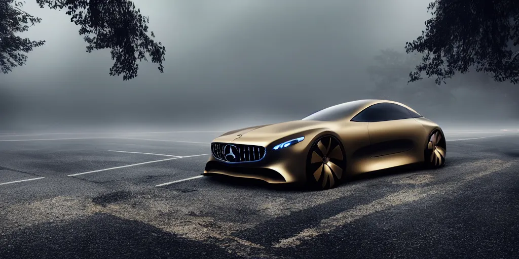 Image similar to parked Mercedes Benz Vision AVTR car, fog, rain, volumetric lighting, beautiful, golden hour, sharp focus, highly detailed, cgsociety