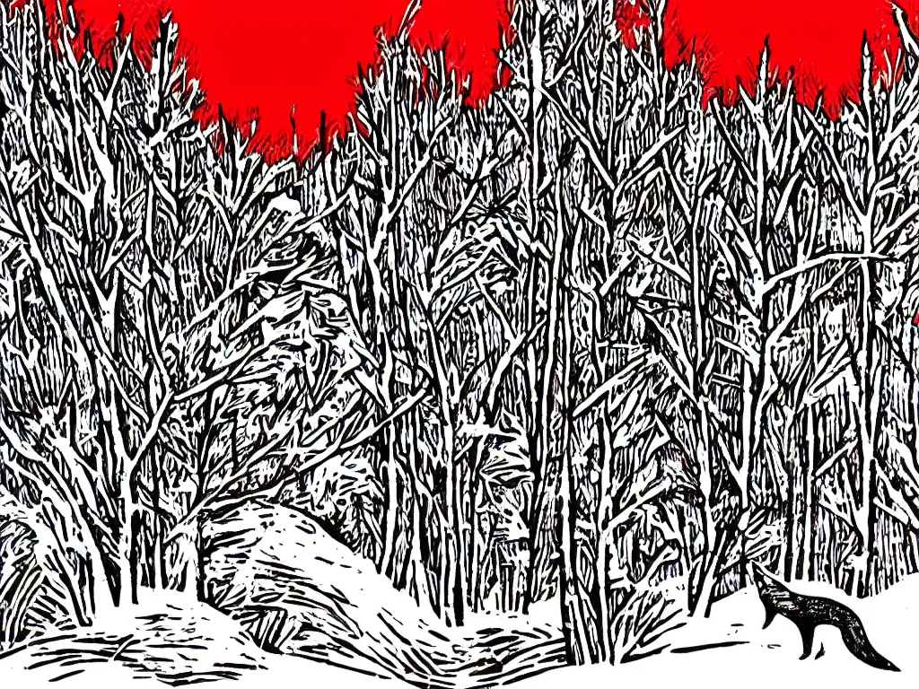 Prompt: lino cut in black and red of a fox deep in the woods in winter