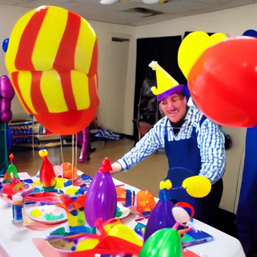 Image similar to Dan O'Dowd dressed as a clown making ballon animals at a children's birthday party