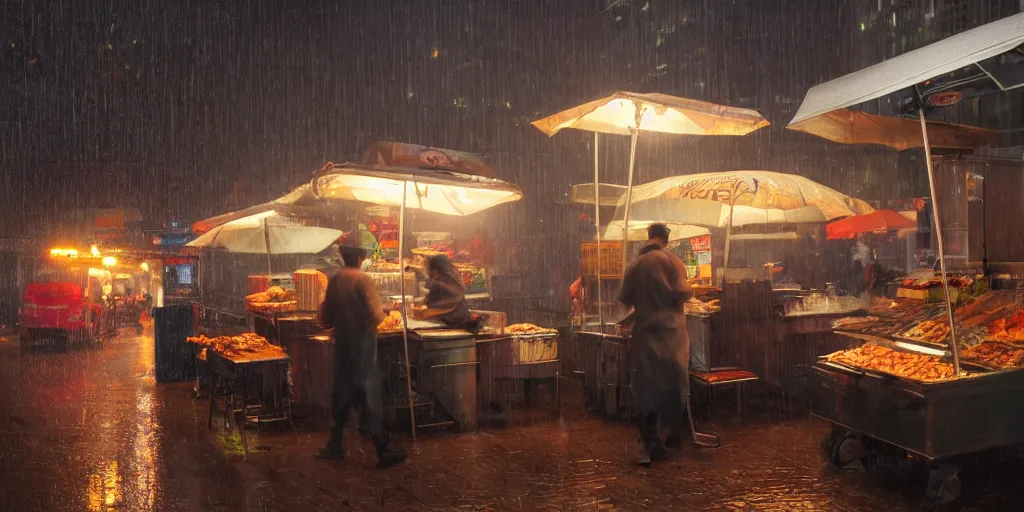 Image similar to Street food vendor prepares your meal as it rains, cozy wallpaper, 4k, high details, volumetric dynamic lighting, motion blur, blur, bokeh, trending on Artstation, award-winning, art by Greg Rutkowski