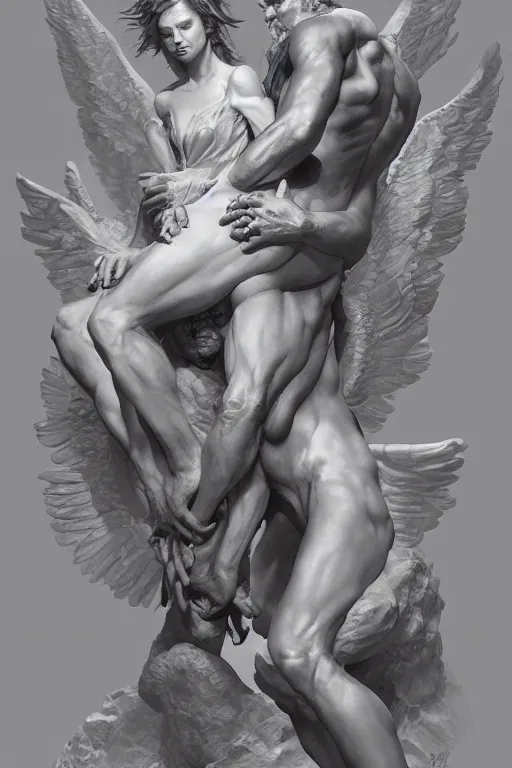 Prompt: portrait of god holding hands with satan by artgerm and Craig Mullins, James Jean, Andrey Ryabovichev, Mark Simonetti and Peter Morbacher 16k