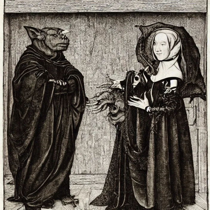 Image similar to a goblin monster and a woman in a black cloak, by Hans Holbein the Younger