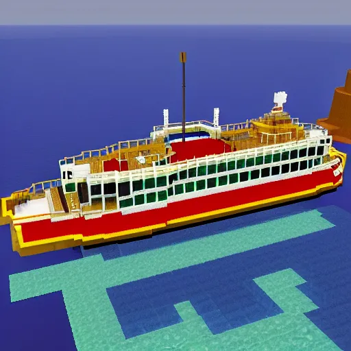 Image similar to a ferry at the sea, art by minecraft