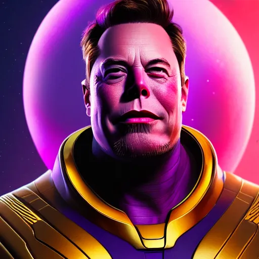 Image similar to a portrait of elon musk as thanos, the pixar adaptation, with same hairstyle, full body shot, hyper detailed, digital art, trending in artstation, cinematic lighting, studio quality, smooth render, unreal engine 5 rendered, octane rendered