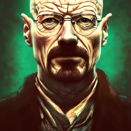 Image similar to Walter White as a Zombie, undead, portrait, fantasy, medieval, vivid colors, elegant, concept art, sharp focus, beautiful face, digital art, Hyper-realistic, 4K, Unreal Engine, Highly Detailed, HD, Dramatic Lighting by Brom, trending on Artstation