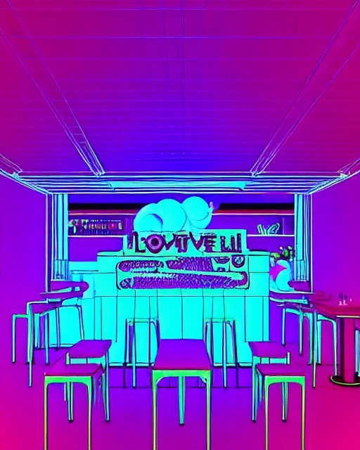 Image similar to synthwave vaporwave maximalist detailed restaurant lofi purple blue retro dreamcore render realistic 3 d by seerlight trending on instagram