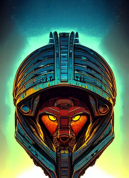 Prompt: a lion cyborg helmet by dan mumford, cyberpunk city abandoned, center frame singular high fantasy character concept art symmetrical features, digital painting, sharp focus, illustration