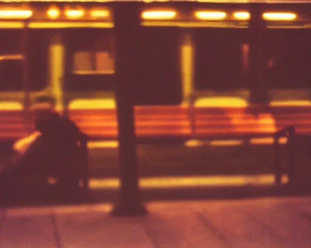 Prompt: a lomographic photo of russian lone man sitting in bus station at early evening in small town, cinestill, bokeh, out of focus