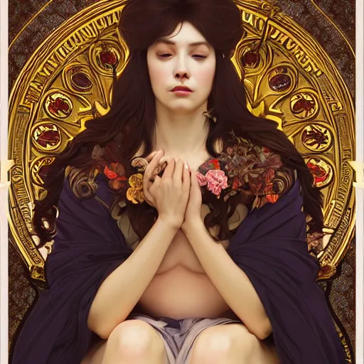 Image similar to condescension of a proud queen to a servant kneeling before her, yellow eyes, sitting in a chair while posing for a photo, highly detailed, digital painting, artstation, smooth, sharp focus, illustration, art by artgerm and alphonse mucha, high definition digital art, in the style of ilya kuvshinov and Ross tran