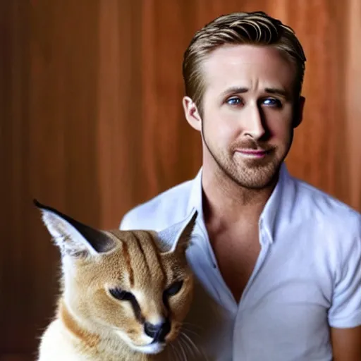 Prompt: Ryan Gosling and the cat Caracal