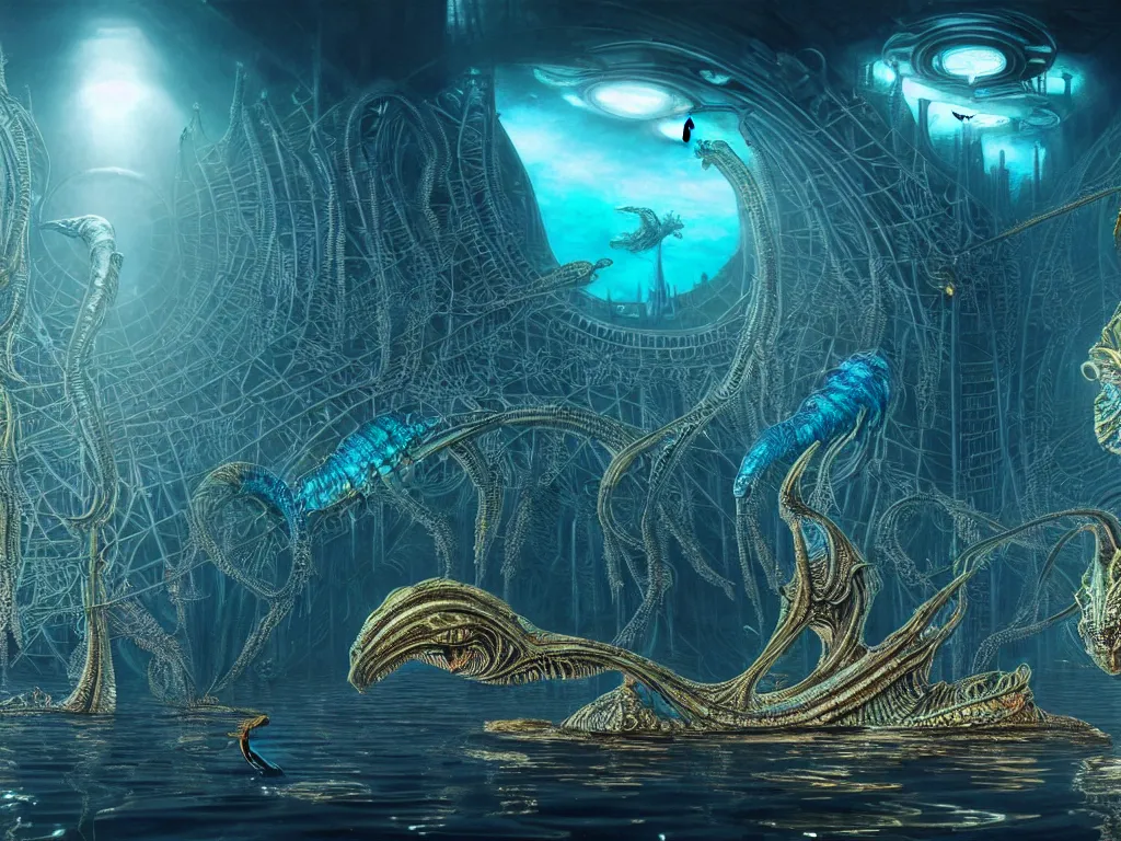 Prompt: highly detailed render of under water dark alien city with spirits floating, trending on deviantart, neo surrealism, sharp focus, a lot of little details, lens flare, epic render, magical composition, deep color scheme, ornate, intricate, octane, masterpiece, art by ernst haeckel and android jones and alex grey