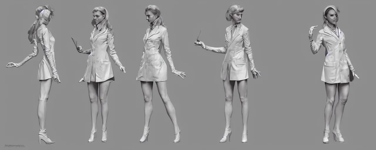 Prompt: character design, reference sheet, gaunt, an elegant young lady, doctor's white coat, concept art, photorealistic, hyperdetailed, 3d rendering! , art by Leyendecker! and frazetta,