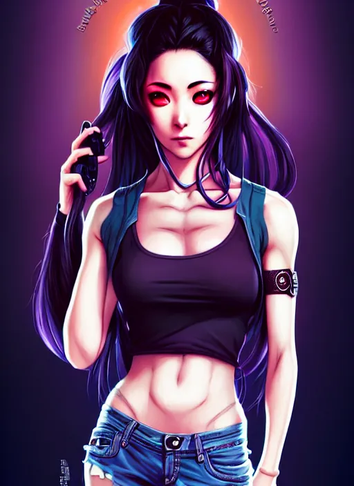 Image similar to a portrait of dilraba dilmurat as revy from black lagoon, smirk, black tank top, jean shorts, symmetrical eyes, symmetrical face, art by lois van baarle and loish and ross tran and rossdraws and sam yang and samdoesarts and artgerm, digital art, intricate, sharp focus, unreal engine 5