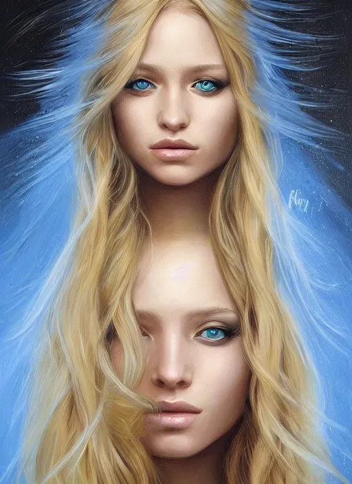 Image similar to a painting of a woman with long blonde hair, a photorealistic painting by magali villeneuve, featured on cgsociety, fantasy art, detailed painting, photorealistic