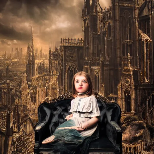 Image similar to a color photo of young sad victorian gothic child with big eyes and wide grin sitting on a sofa of bones surrounded by a cyber futuristic cityscape made of human body parts, ultra detailed, 8 k resolution, beautiful lighting, expansive detailed layered city, landscape, sigma 8 5 mm, award winning photography