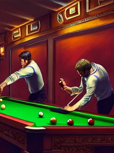 Prompt: snooker bar fight. intricate, elegant, highly detailed, digital painting, artstation, concept art, sharp focus, illustration, by justin gerard and artgerm, 8 k