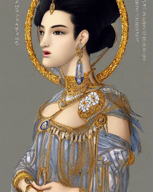 Image similar to portrait of a beautiful greek woman +diadem with facemask and feather crest+ long hairs and complex hairdressing+antique greek tunique+symmetric face, symmetric body+gold jewels, collar, earings, rubis, sapphire, topaz,citrite+gods of olympe+ in the style of saint seiya + by Joongwon Jeong and Kei Mieno, artsation, unreal engine render, octane render