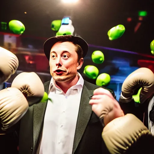 Prompt: cinematic photograph of elon musk dressed in an avacado suit with an avacado hat, realistic, in a boxing ring, 4 k, cinemqtic lighting, high quality photography, mid shot