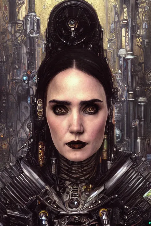 Prompt: portrait of beautiful gothic Jennifer Connelly, cyberpunk, Warhammer, highly detailed, artstation, illustration, art by Gustav Klimt