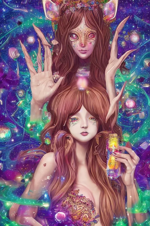 Prompt: acid trip, hall of mirrors, intricate, highly detailed, anime, 4k, a beautiful seductive deer woman holding a crystal containing the universe, with professional makeup, long trippy hair, surrounded by gems, underneath the stars, trending on patreon, deviantart, twitter, artstation, volumetric lighting, heavy contrast, by artgerm and Ilya Kuvshinov and alphonse mucha