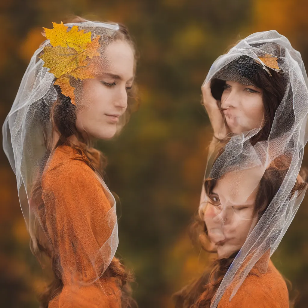 Image similar to highly detailed colorful and playful portrait fashion photography of a gazing face, wearing a widow's veil, in autumn, 105mm f2.8