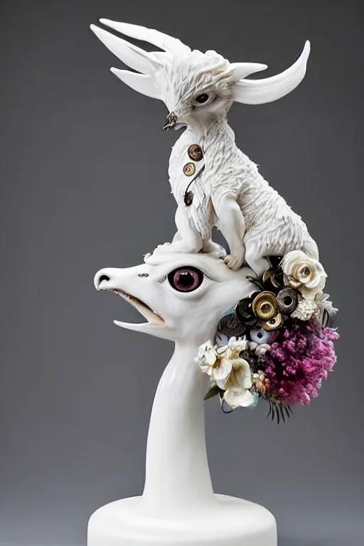 Prompt: porcelain sculpture of a mythical punk girl animal with glasses, piercings, with a long thing gooselike neck covered in flowers, wearing punk buttons, leather jacket. empty white space exposition. by ueda akishi, beth cavener, ellen jewett, forest rogers.