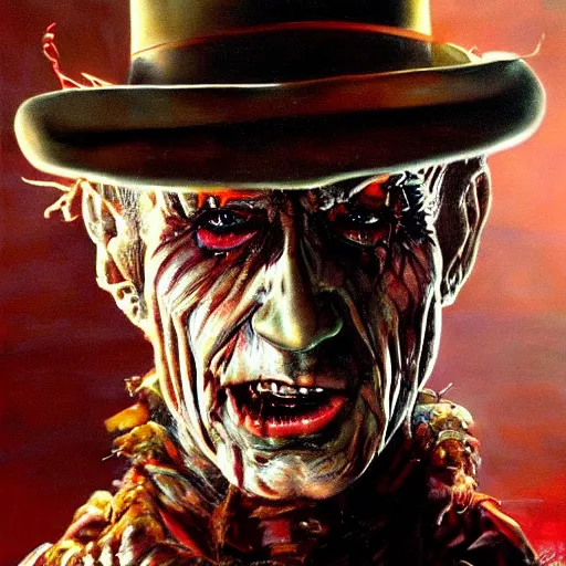 Image similar to ultra realistic portrait painting of freddy krueger, art by frank frazetta, 4 k, ultra realistic, highly detailed, epic lighting