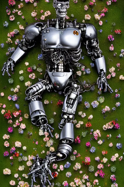 Prompt: destroyed combat terminator lying in a field of flowers, twisted metal, chrome, reflections, earth, terrible, anthropomorphic, photorealism, smoke, metal, 8 k, surreal, wires, wild flowers, greenery, top view, extremely detailed, ultra - realism, cinematic light, epic, art by jeff koons, artgerm and greg rutkowski