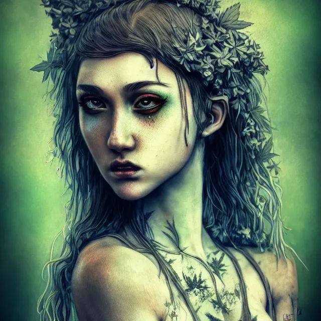 Image similar to full body pose, beautiful adult marijuana fairy, grungy, grunge, highly detailed, 4 k, hdr, smooth, sharp focus, high resolution, award - winning photo, artgerm, photorealistic