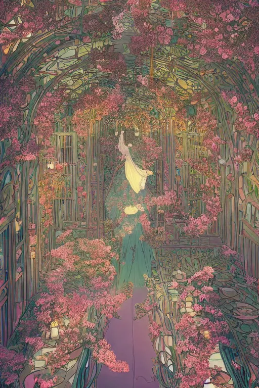 Image similar to a beautiful hyperdetailed 2 d illustration victo ngai style of absolutely beautiful blooming flower house alone, perfectly shaded, atmospheric lighting, style of studio ghibli, makoto shinkai, raphael lacoste, louis comfort tiffany, artgerm, james jean, ross tran, chinese style