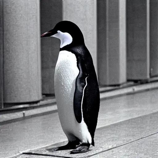 Image similar to A photo of a penguin wearing a conductor's hat at a Chicago train station, 1990, award-winning