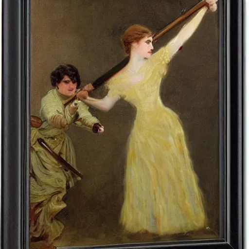 Image similar to young victorian woman fighting a monster, by alfred stevens