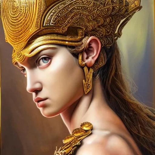 Image similar to hyperrealistic mixed media painting of beautiful goddess Athena, stunning 3d render inspired art by P. Craig Russell and Barry Windsor-Smith, perfect facial symmetry, dim volumetric lighting, 8k octane beautifully detailed render, post-processing, portrait, extremely hyper-detailed, intricate, epic composition, brown eyes, realistic realistic realistic eyes, cinematic lighting, masterpiece, trending on artstation, detailed detailed detailed, masterpiece, stunning