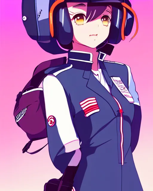 Image similar to Anime girl is dressed in plane pilot uniform. Anime. by lois van baarle, ilya kuvshinov, rossdraws, Ghibli marker anime art, manga concept Blizzard pixar maya engine on stylized background splash comics global illumination