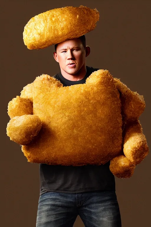 Prompt: channing tatum wearing a tater tot costume, oil on canvas, intricate, 8 k highly professionally detailed, hdr, cgsociety